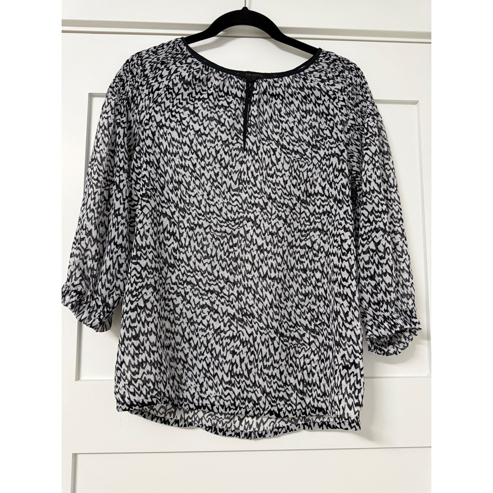 The Limited Black White Abstract Print Chiffon Blouse Keyhole 3/4 Sleeve Small